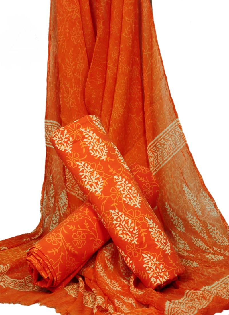 Cotton Unstitched Hand Block Printed Suit With Chiffon Dupatta - JBGC133