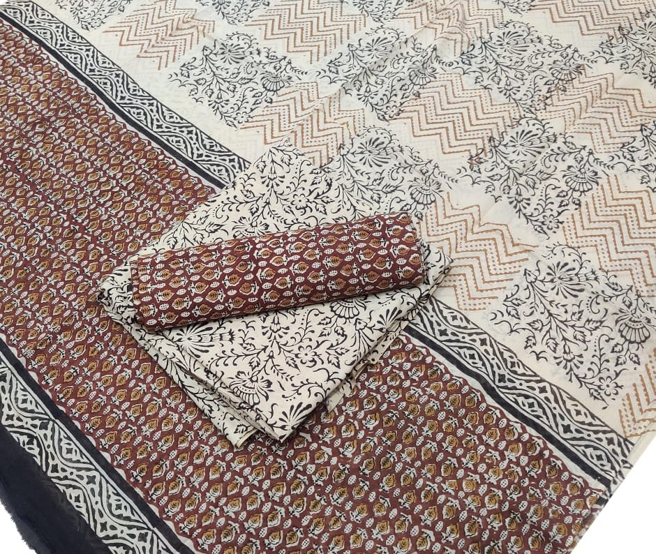 Hand Block Printed Pure Cotton Unstitched Salwar Suit Set With Cotton/Mulmul Dupatta - JBG195