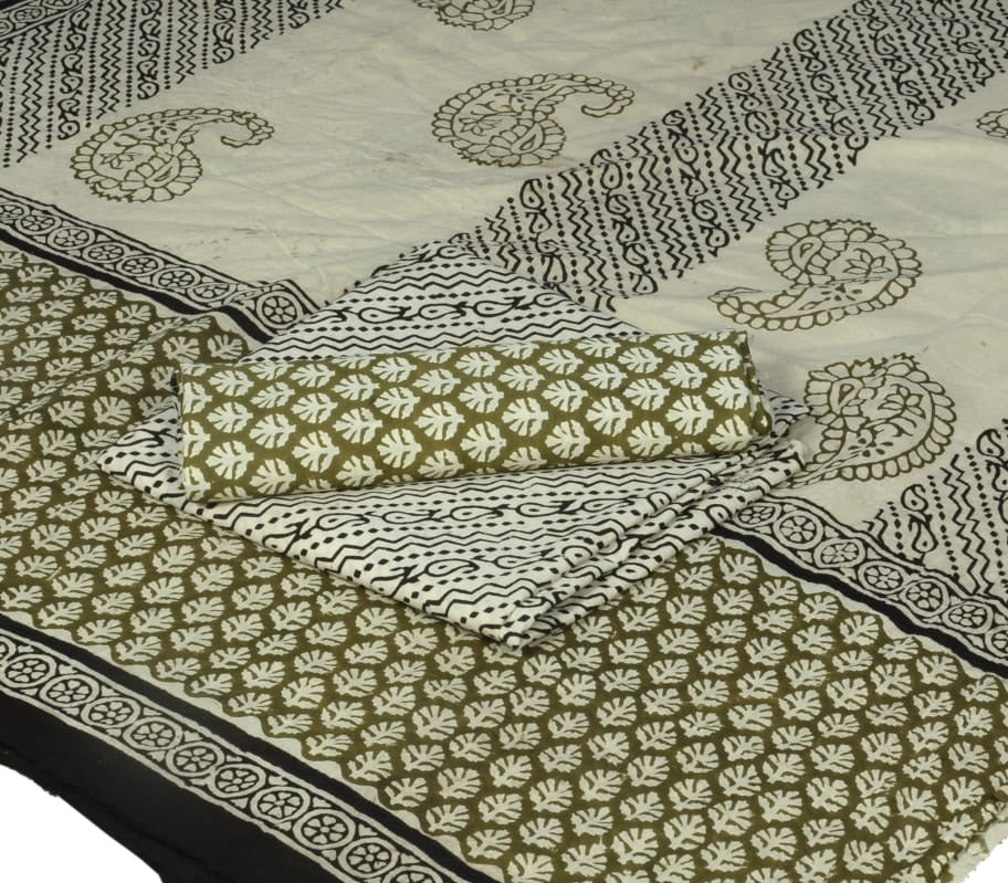 Pure Cotton Hand Block Printed Unstitched Salwar Suit Set With Cotton/Mulmul Dupatta - JBG194