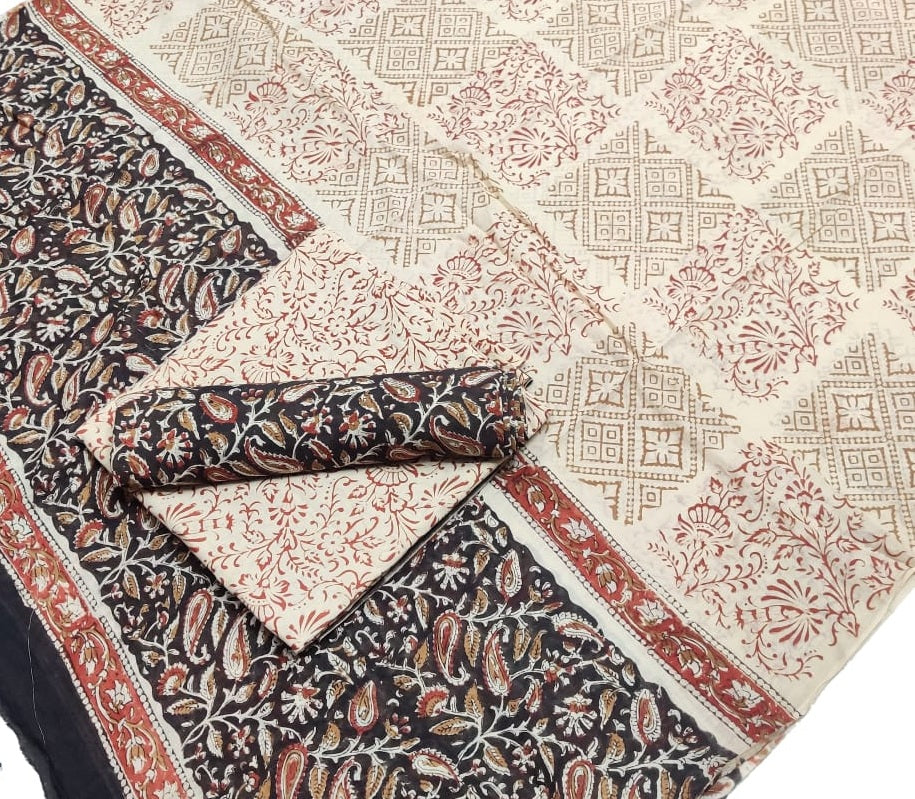 Hand Block Printed Pure Cotton Unstitched Salwar Suit Set With Cotton/Mulmul Dupatta - JBG189