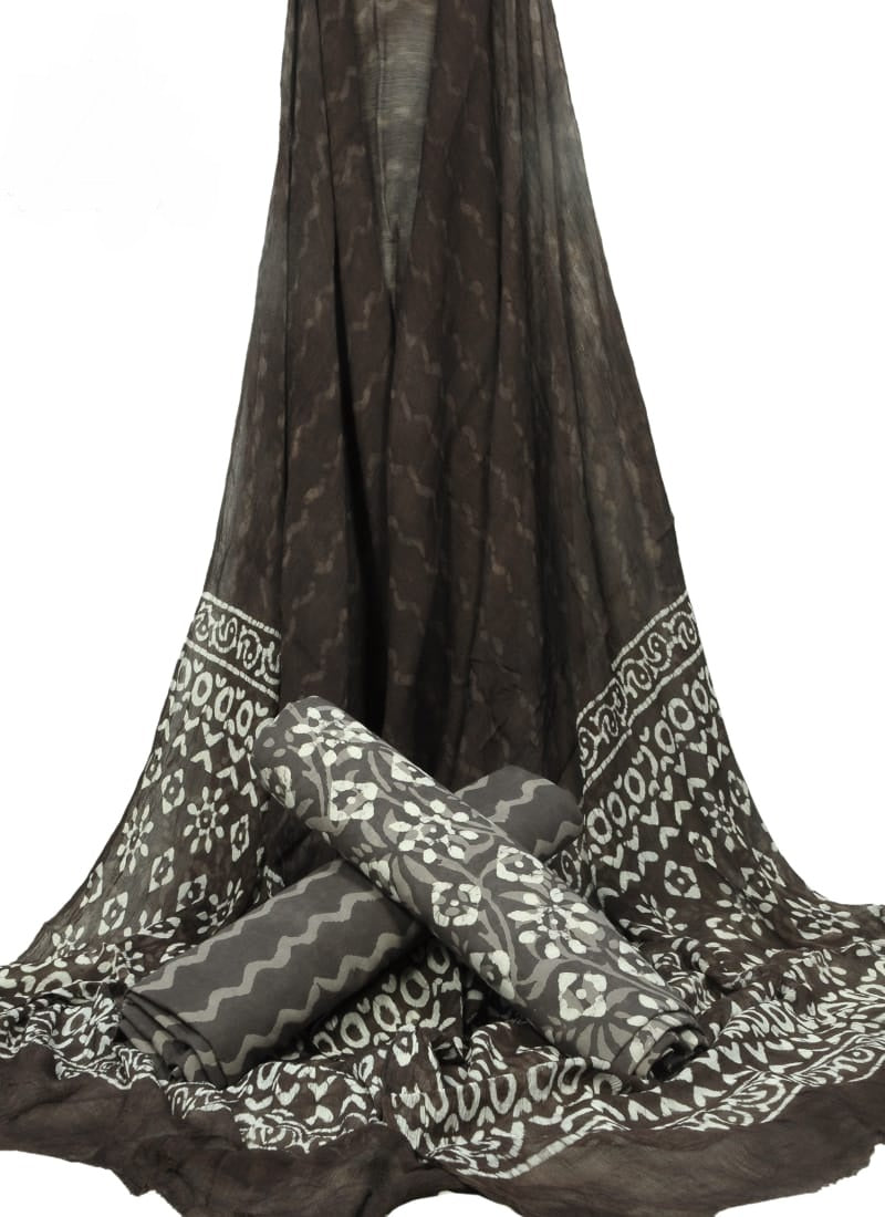 Cotton Unstitched Hand Block Printed Suit With Chiffon Dupatta - JBGC124