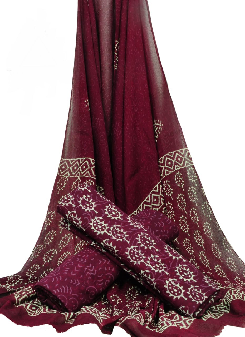 Pure Cotton Hand Block Printed Unstitched Suit With Chiffon Dupatta - JBGC122