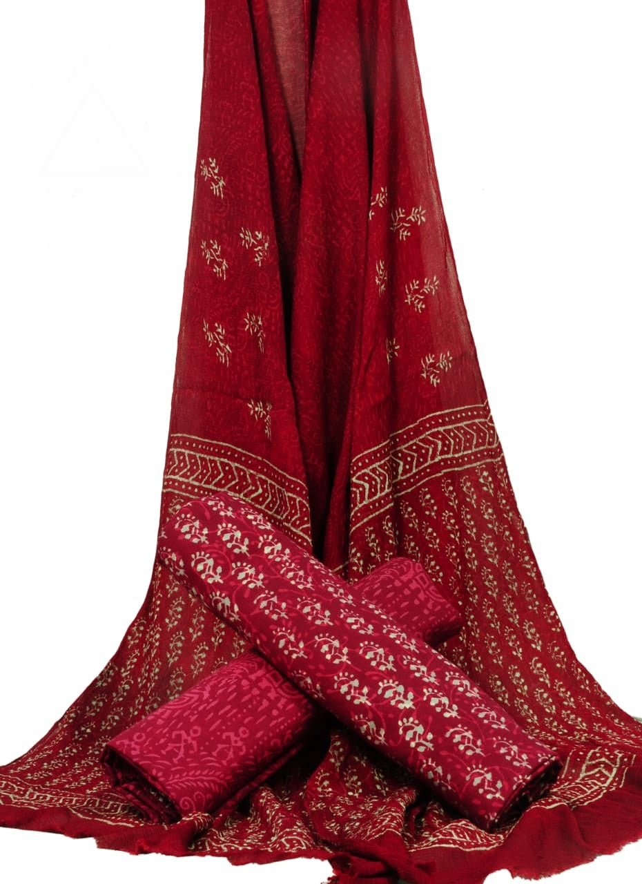 Hand Block Printed Pure Cotton Unstitched Suit With Chiffon Dupatta - JBGC120