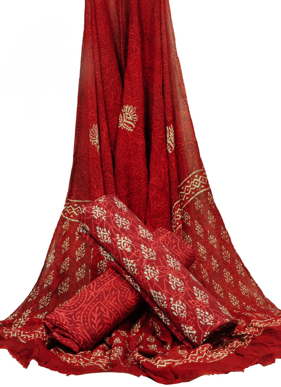 Cotton Unstitched Hand Block Printed Suit With Chiffon Dupatta - JBGC118