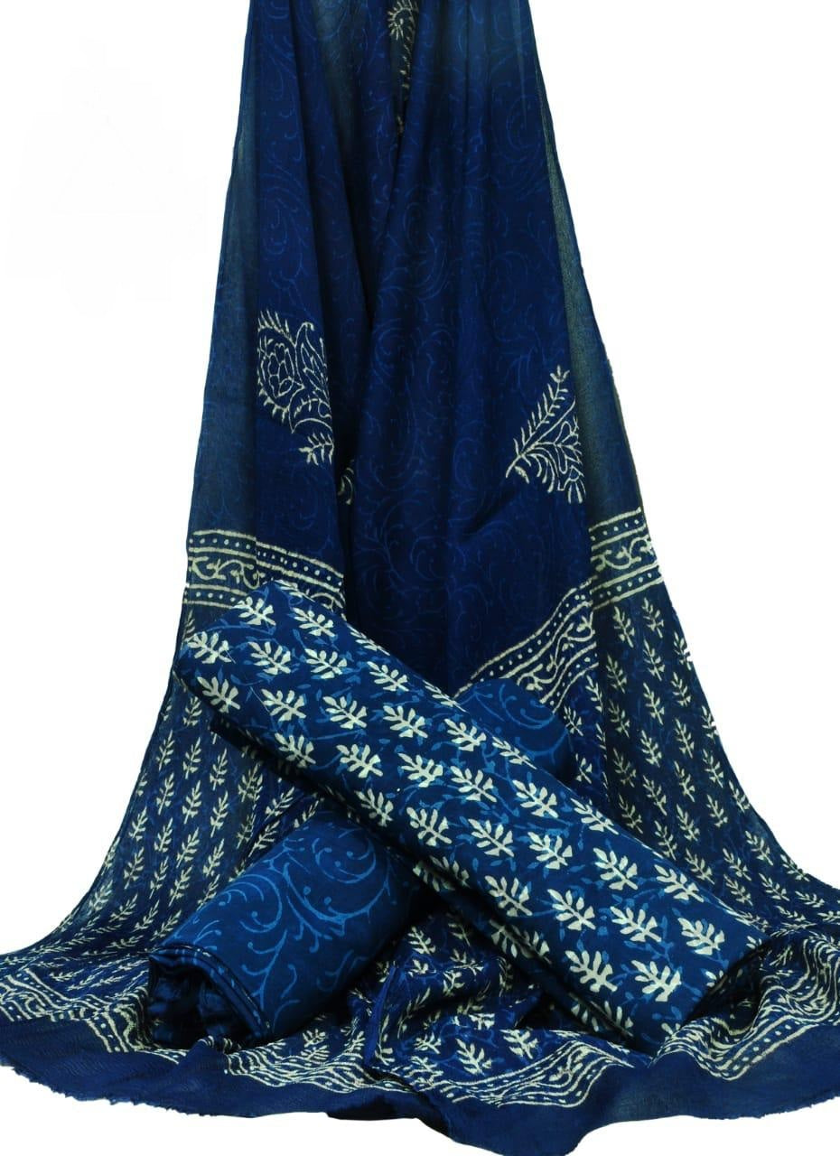 Cotton Unstitched Hand Block Printed Suit With Chiffon Dupatta - JBGC115