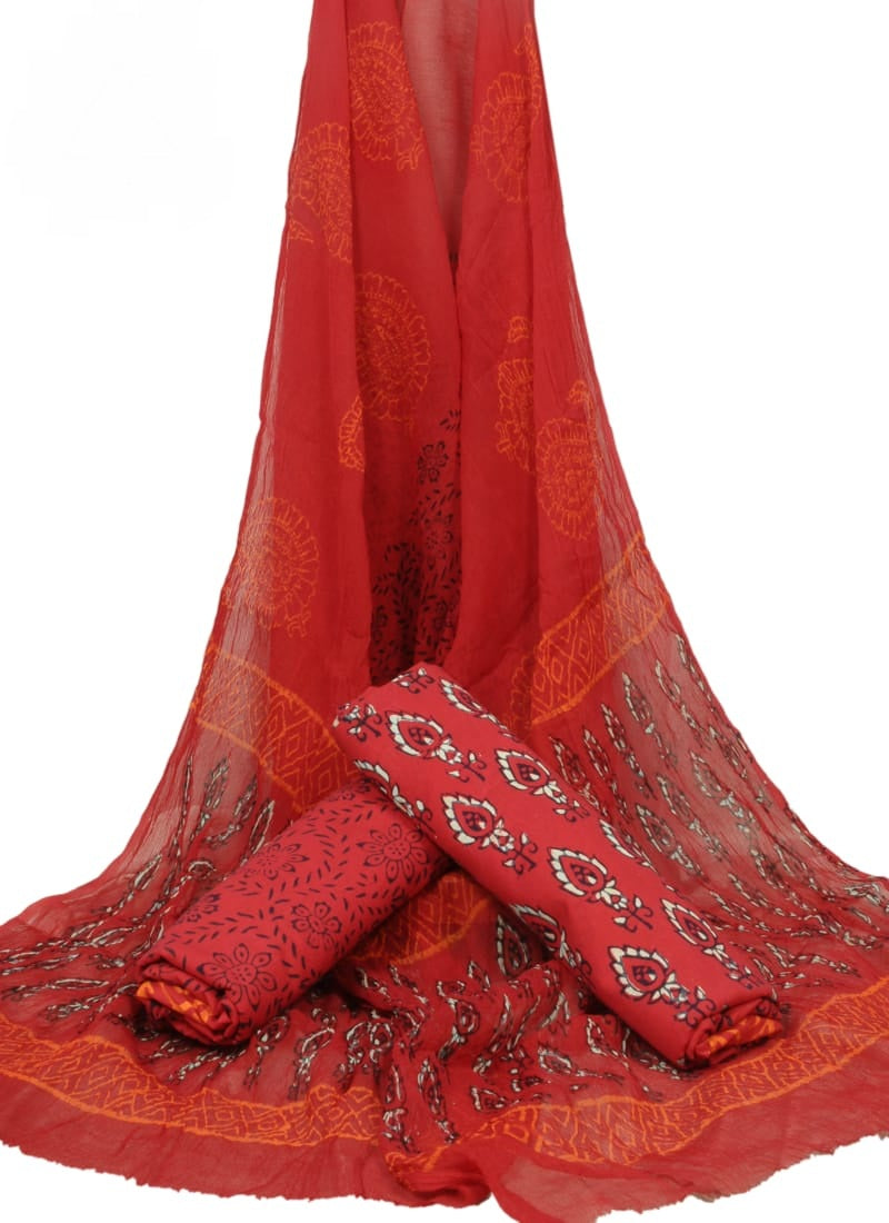 Hand Block Printed Pure Cotton Unstitched Suit With Chiffon Dupatta - JBGC114