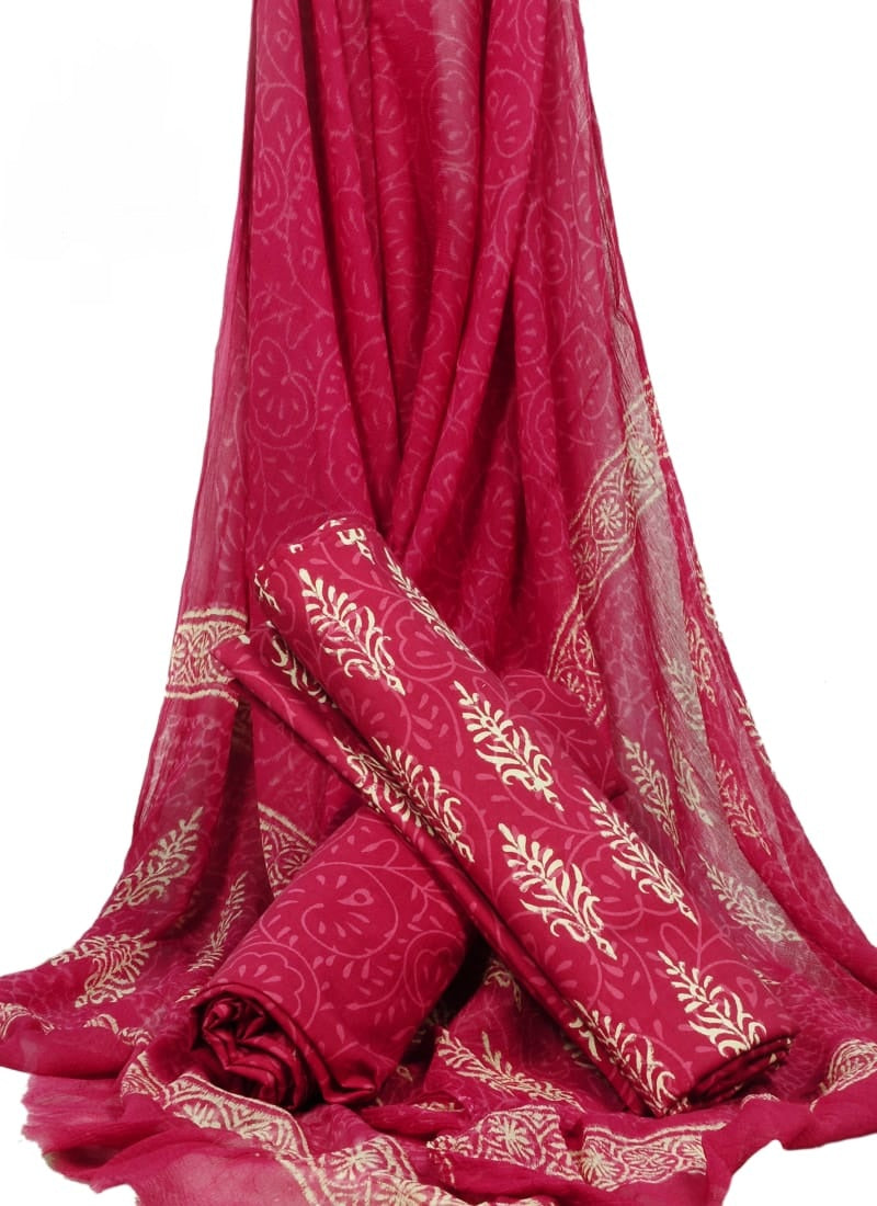 Cotton Unstitched Hand Block Printed Suit With Chiffon Dupatta - JBGC112
