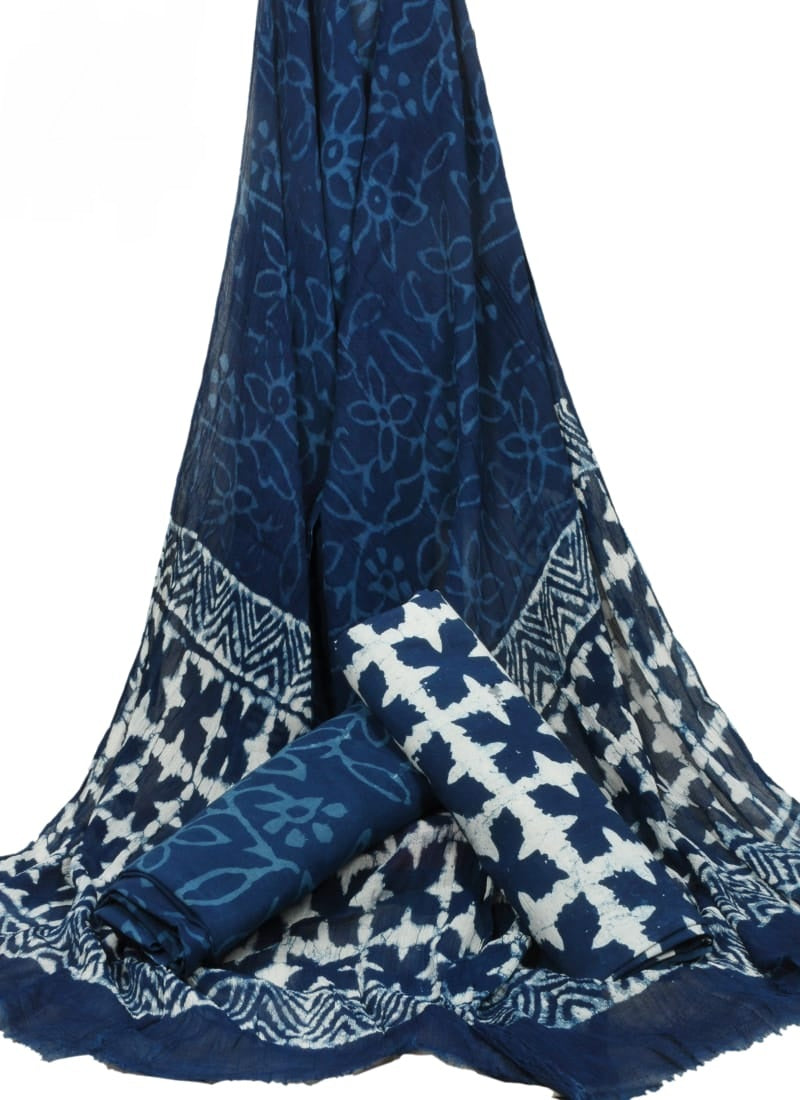 Indigo Blue Hand Block Printed Pure Cotton Unstitched Suit With Chiffon Dupatta - JBGC13