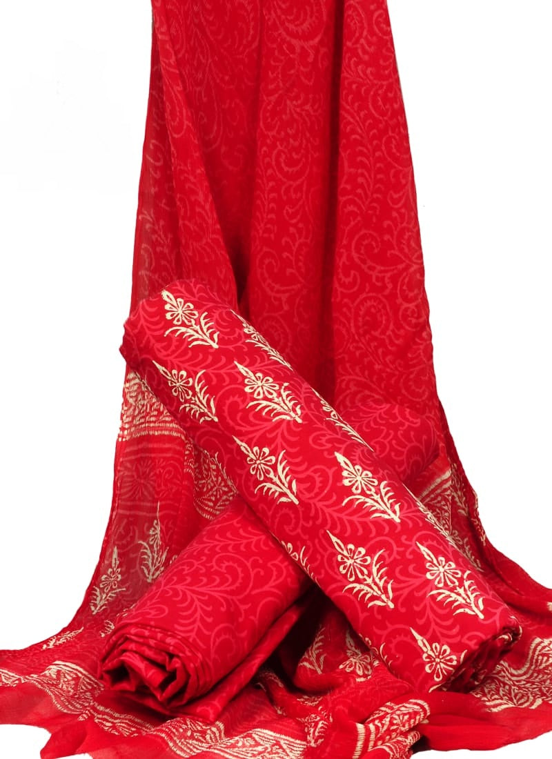 Hand Block Printed Pure Cotton Unstitched Suit With Chiffon Dupatta - JBGC111