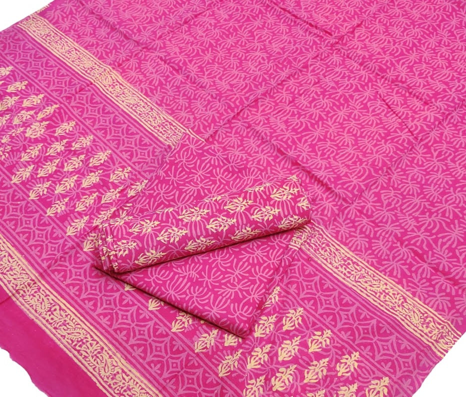 Pure Cotton Hand Block Printed Unstitched Salwar Suit Set With Cotton/Mulmul Dupatta - JBG179