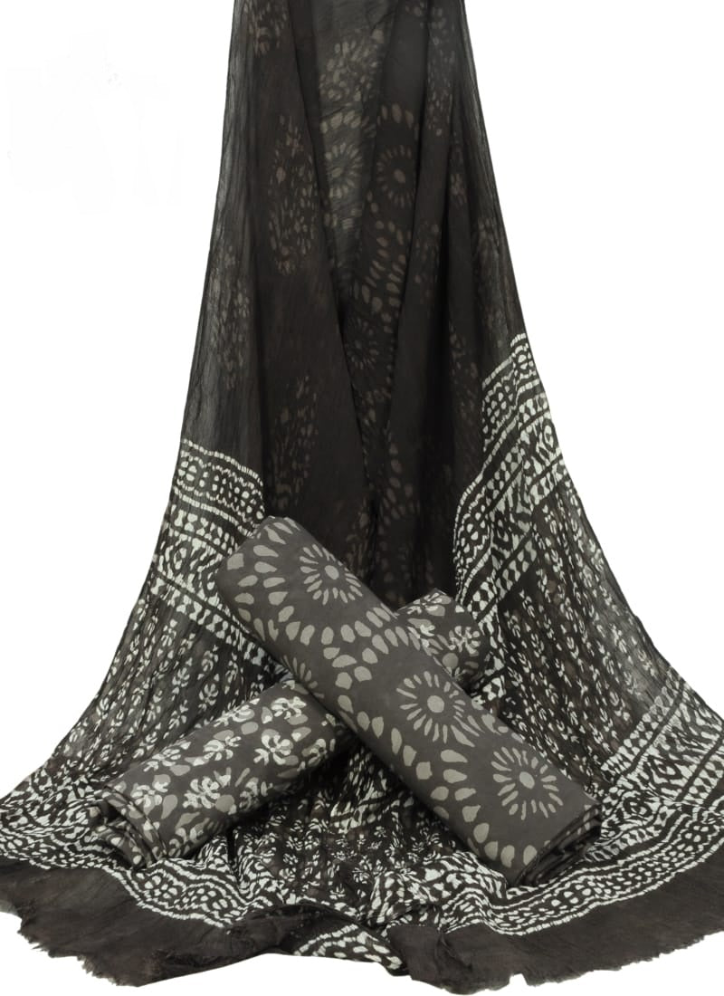 Cotton Unstitched Hand Block Printed Suit With Chiffon Dupatta - JBGC109