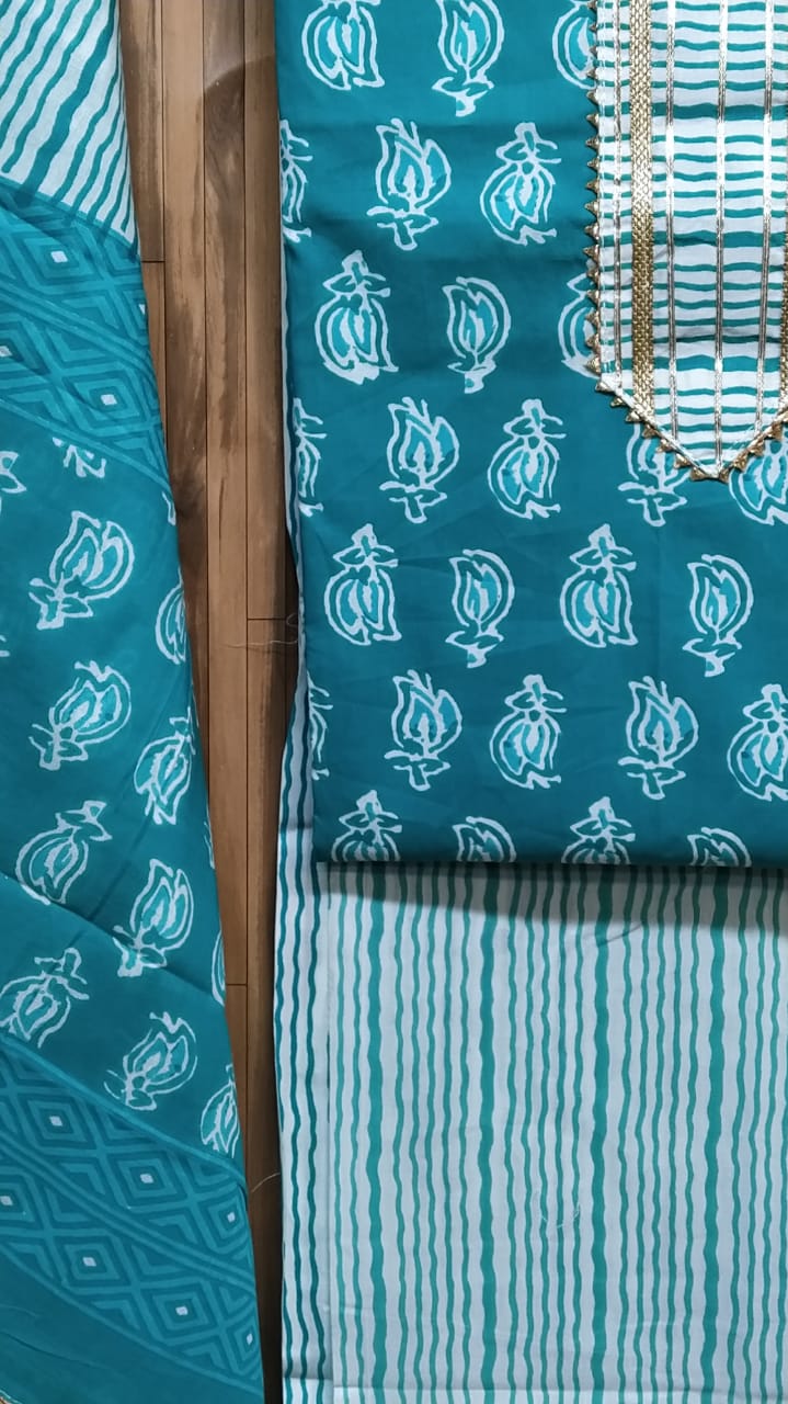 Small Floral Buti Cotton Hand Block Printed Gota Patti Suits with Cotton Dupatta- JBXGP61