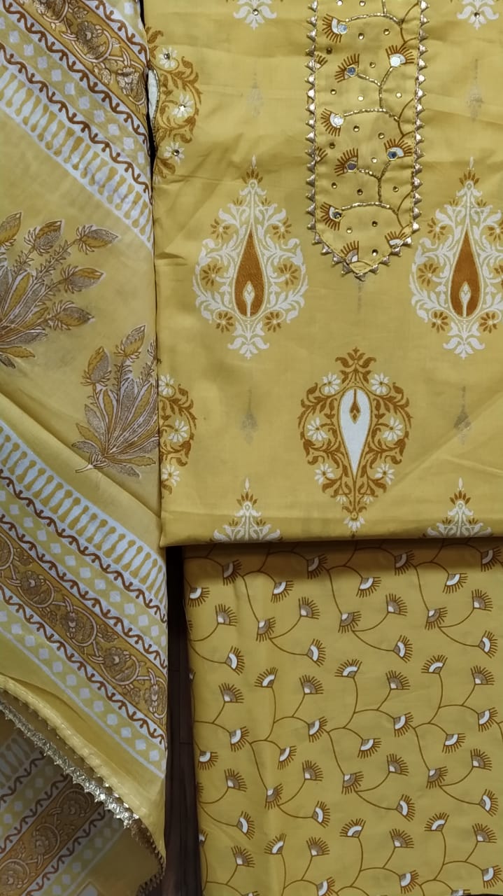 Small Floral Buti Cotton Hand Block Printed Gota Patti Suits with Cotton Dupatta- JBXGP60