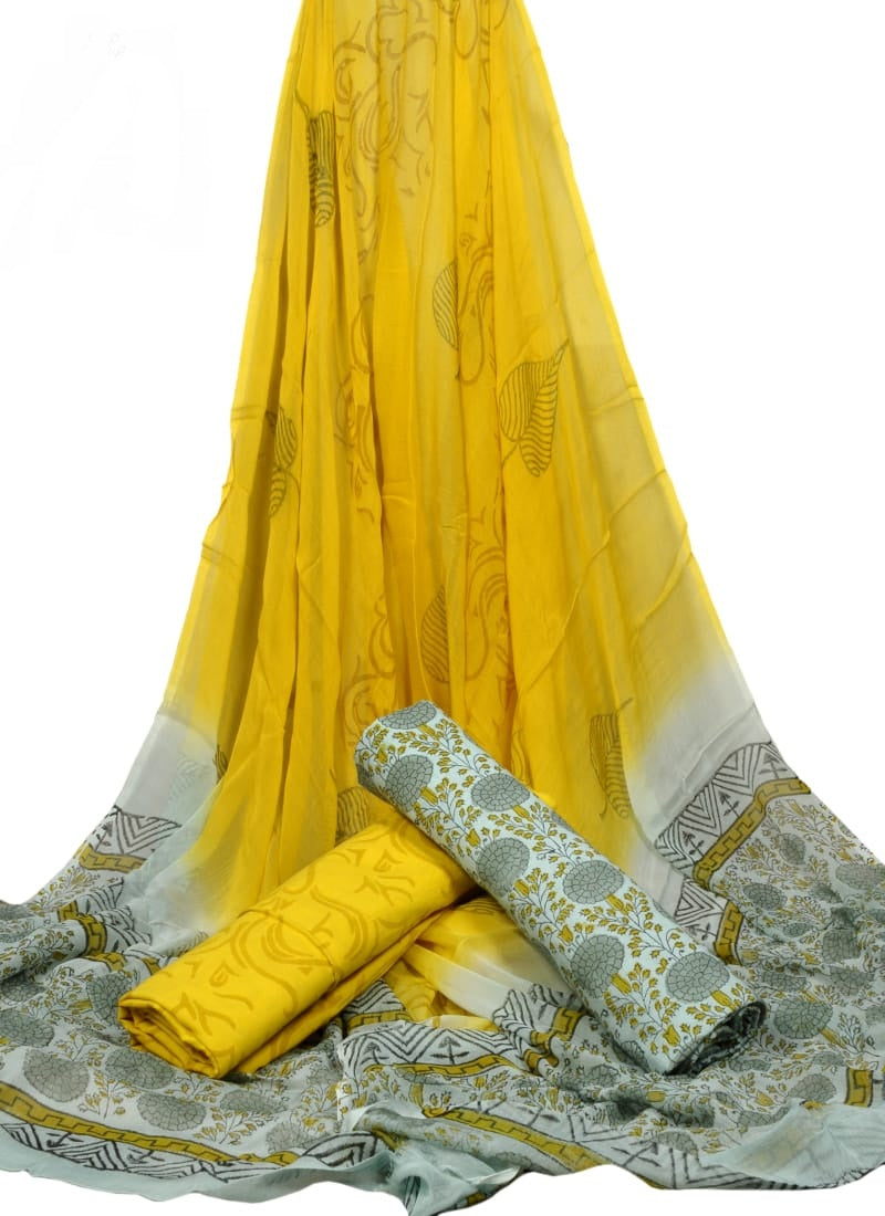 Pure Cotton Hand Block Printed Unstitched Suit With Chiffon Dupatta - JBGC101