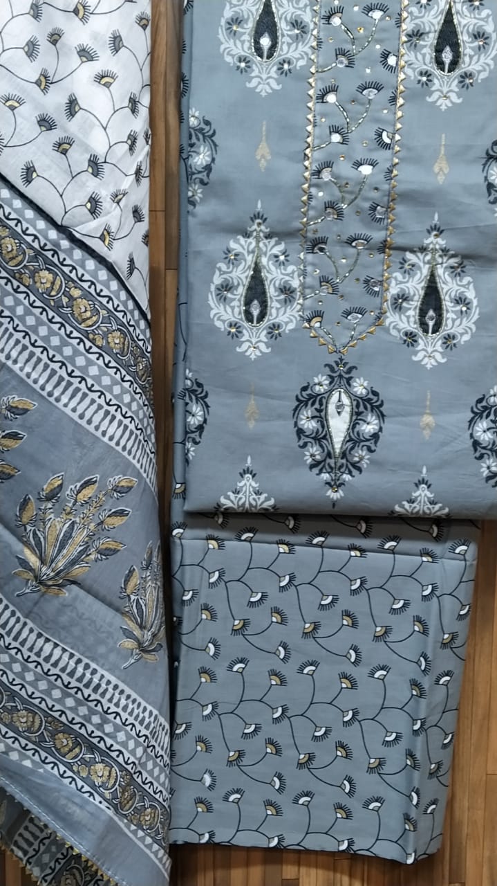 Small Buti Design Cotton Hand Block Printed Gota Patti Suits with Cotton Dupatta- JBXGP59