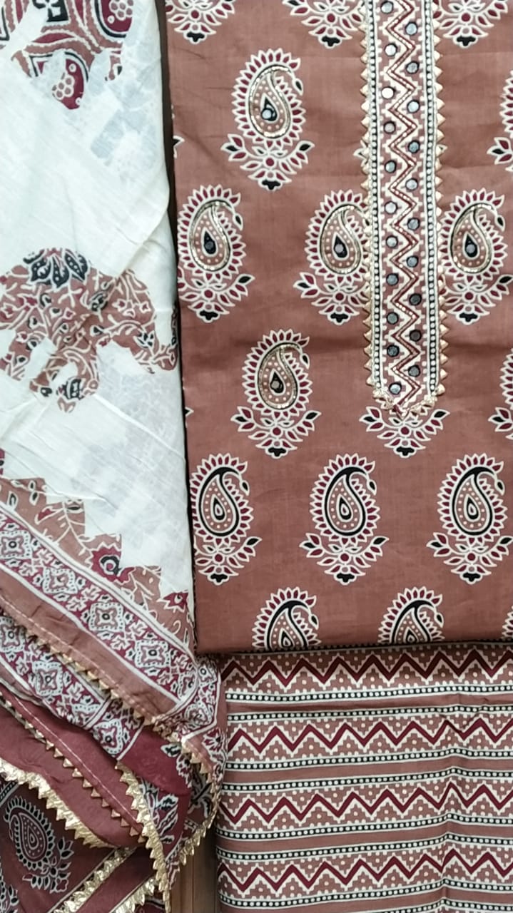 Small Floral Buti & Elephant Print Cotton Hand Block Printed Gota Patti Suits with Cotton Dupatta- JBXGP58