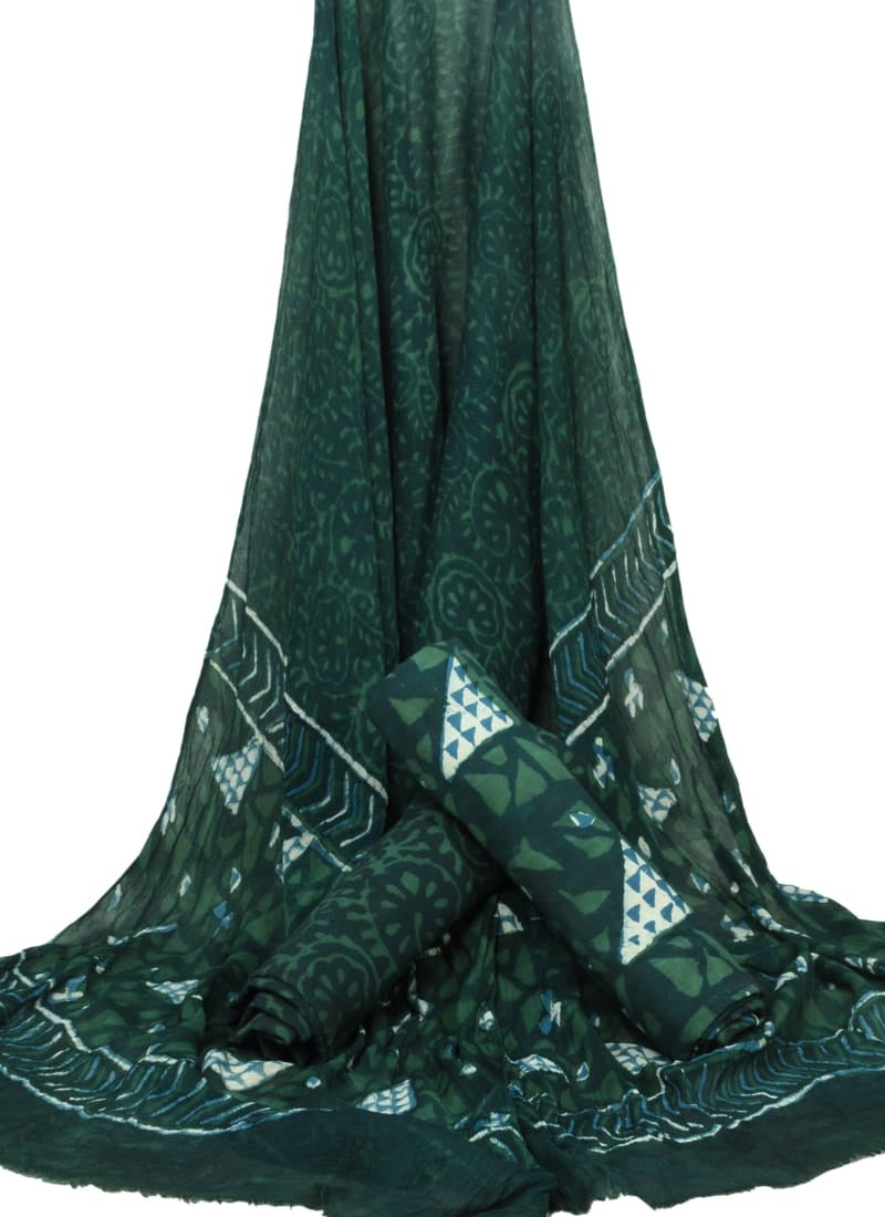 Hand Block Printed Pure Cotton Unstitched Suit With Chiffon Dupatta - JBGC99