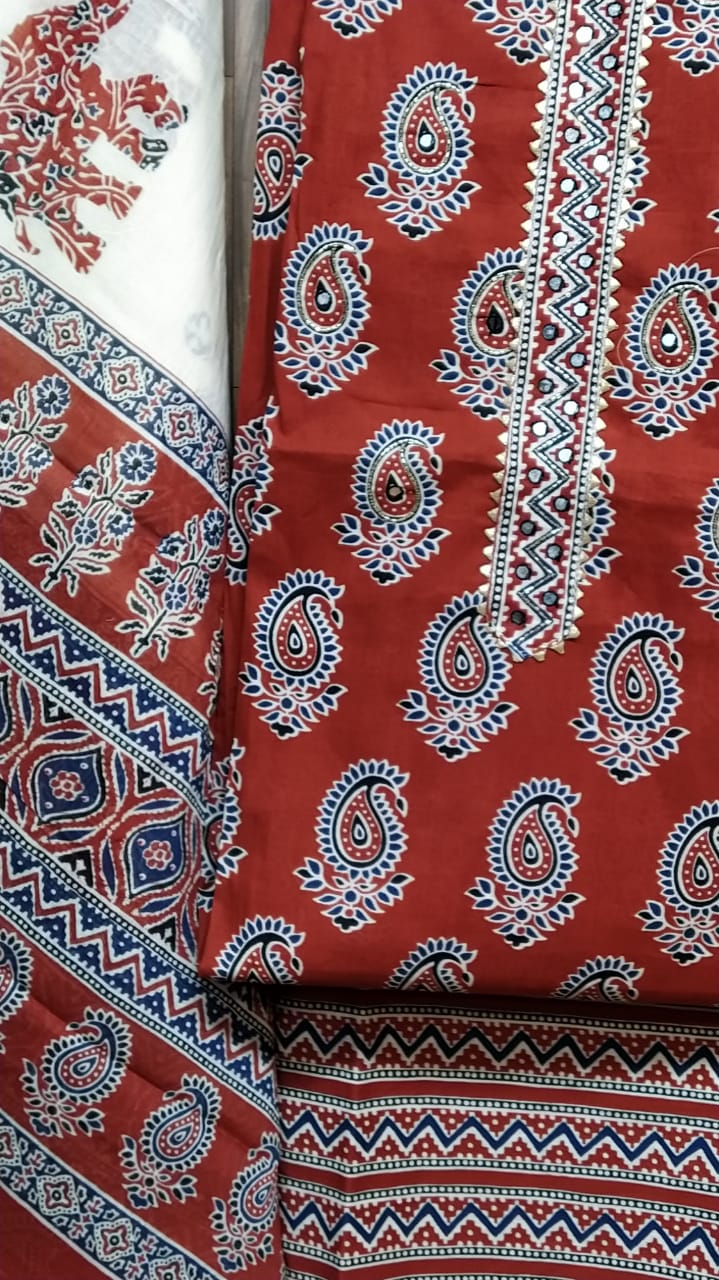 Small Floral Buti Cotton Hand Block Printed Gota Patti Suits with Cotton Dupatta- JBXGP57
