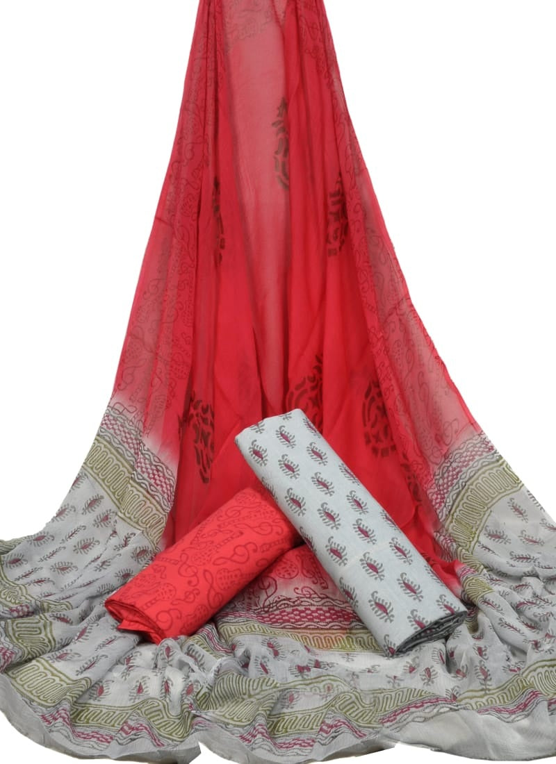 Cotton Unstitched Hand Block Printed Suit With Chiffon Dupatta - JBGC97