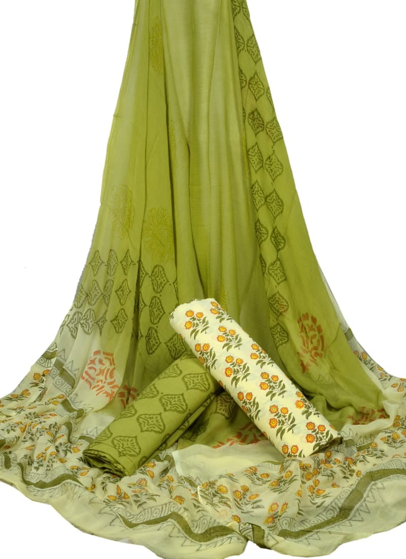 Hand Block Printed Pure Cotton Unstitched Suit With Chiffon Dupatta - JBGC96