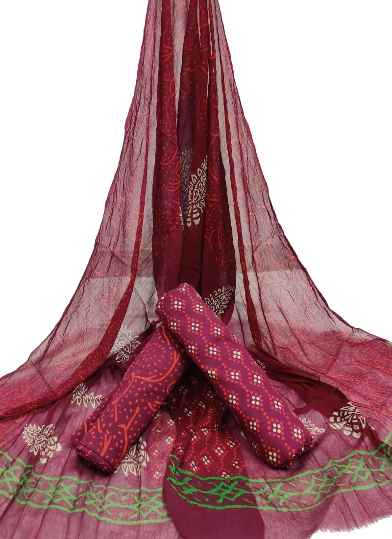 Pure Cotton Hand Block Printed Unstitched Suit With Chiffon Dupatta - JBGC95