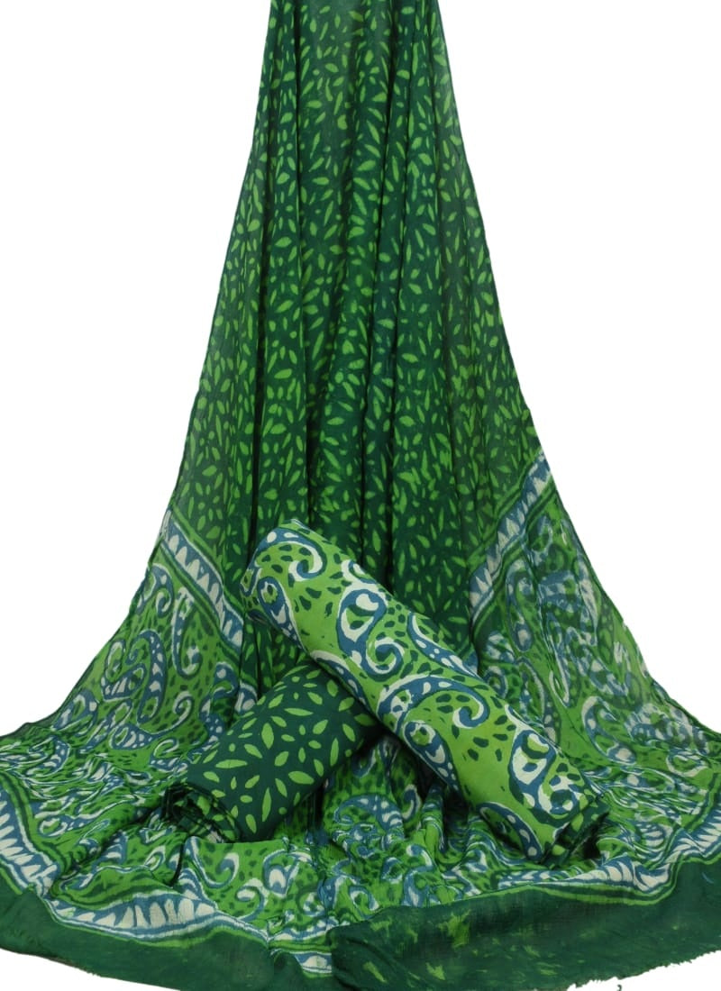 Hand Block Printed Pure Cotton Unstitched Suit With Chiffon Dupatta - JBGC90