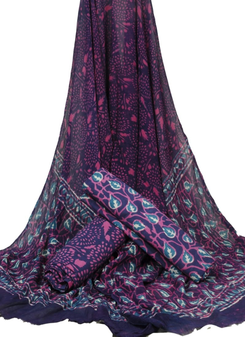 Pure Cotton Hand Block Printed Unstitched Suit With Chiffon Dupatta - JBGC89