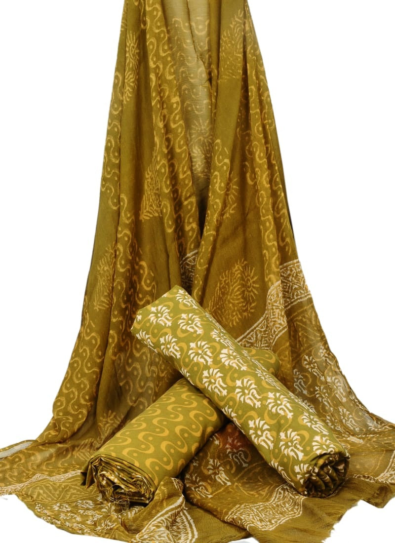 Cotton Unstitched Hand Block Printed Suit With Chiffon Dupatta - JBGC88