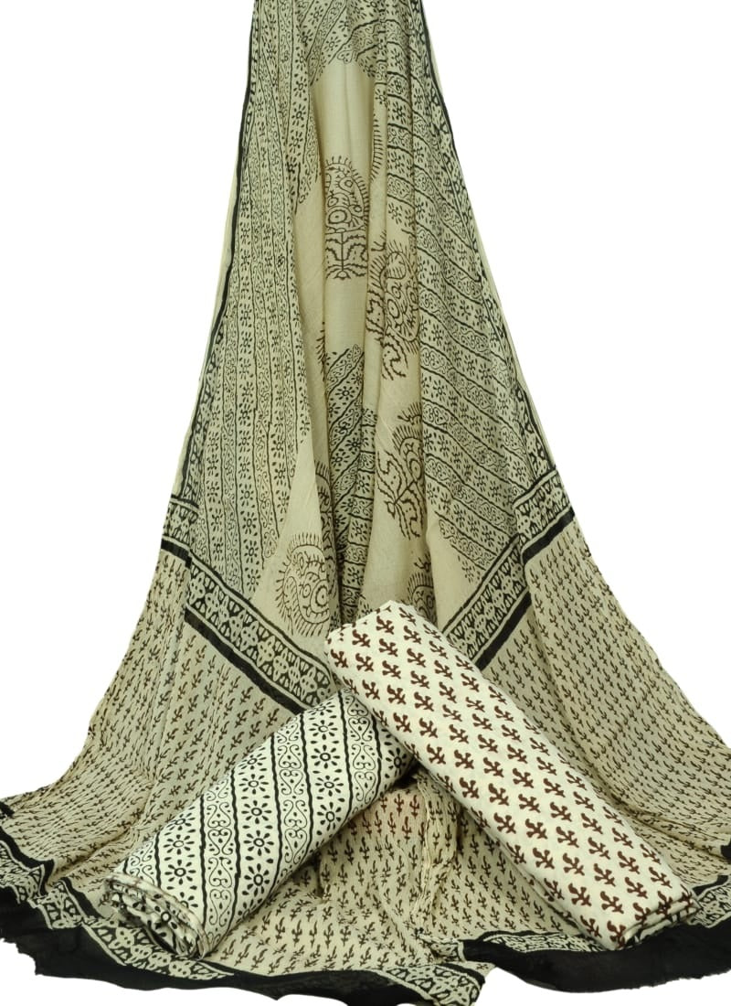 Hand Block Printed Pure Cotton Unstitched Suit With Chiffon Dupatta - JBGC87