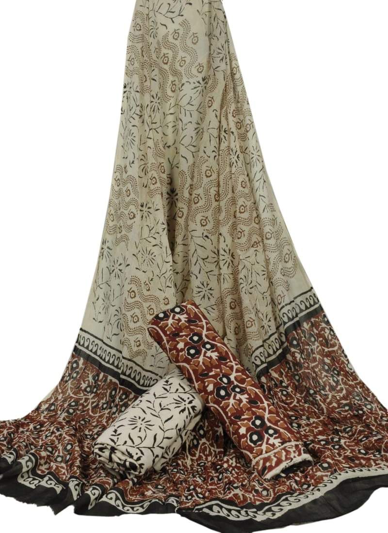 Hand Block Printed Pure Cotton Unstitched Suit With Chiffon Dupatta - JBGC81
