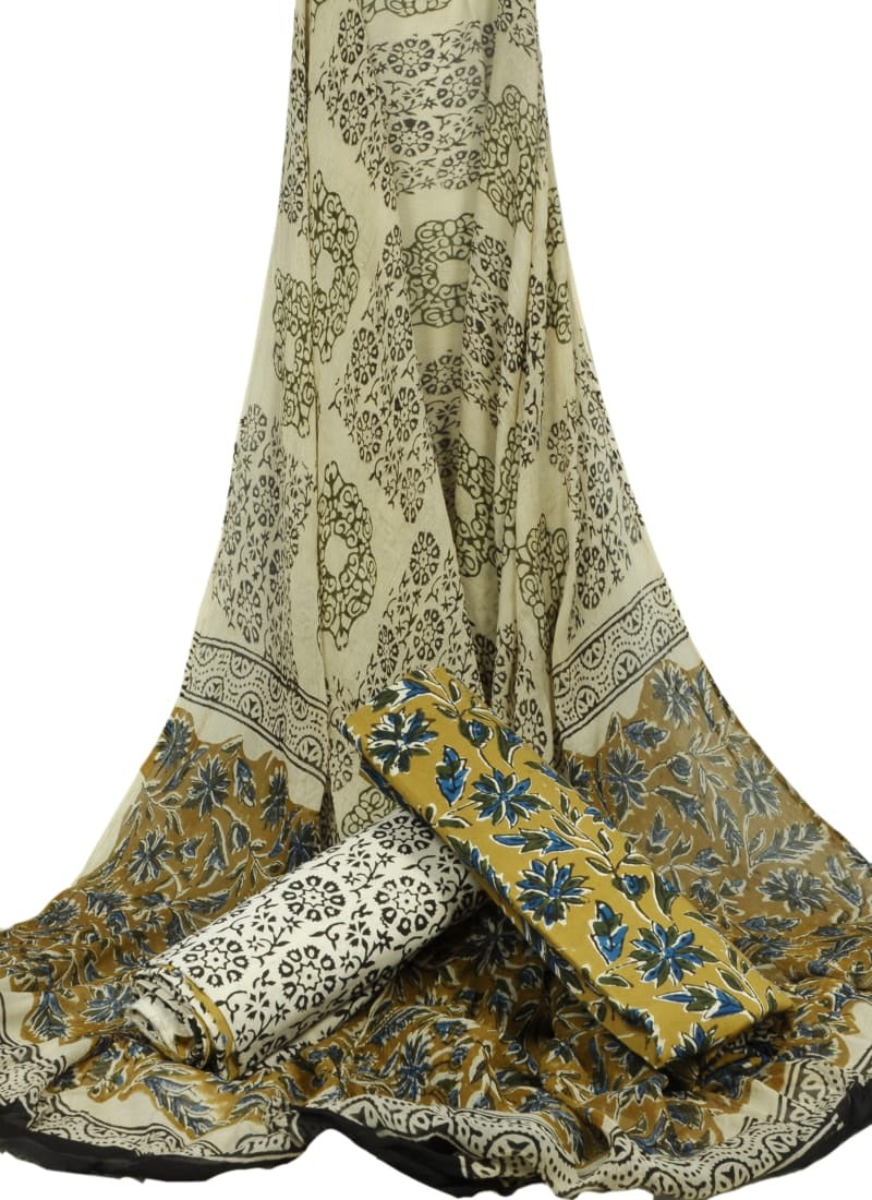 Hand Block Printed Pure Cotton Unstitched Suit With Chiffon Dupatta - JBGC78