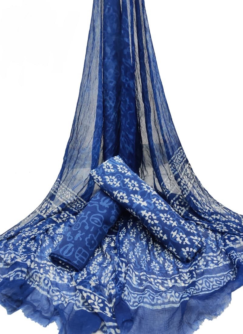 Indigo Blue Booty Print HandBlock Pure Cotton Unstitched Suit with Chiffon Dupatta - JBGC09