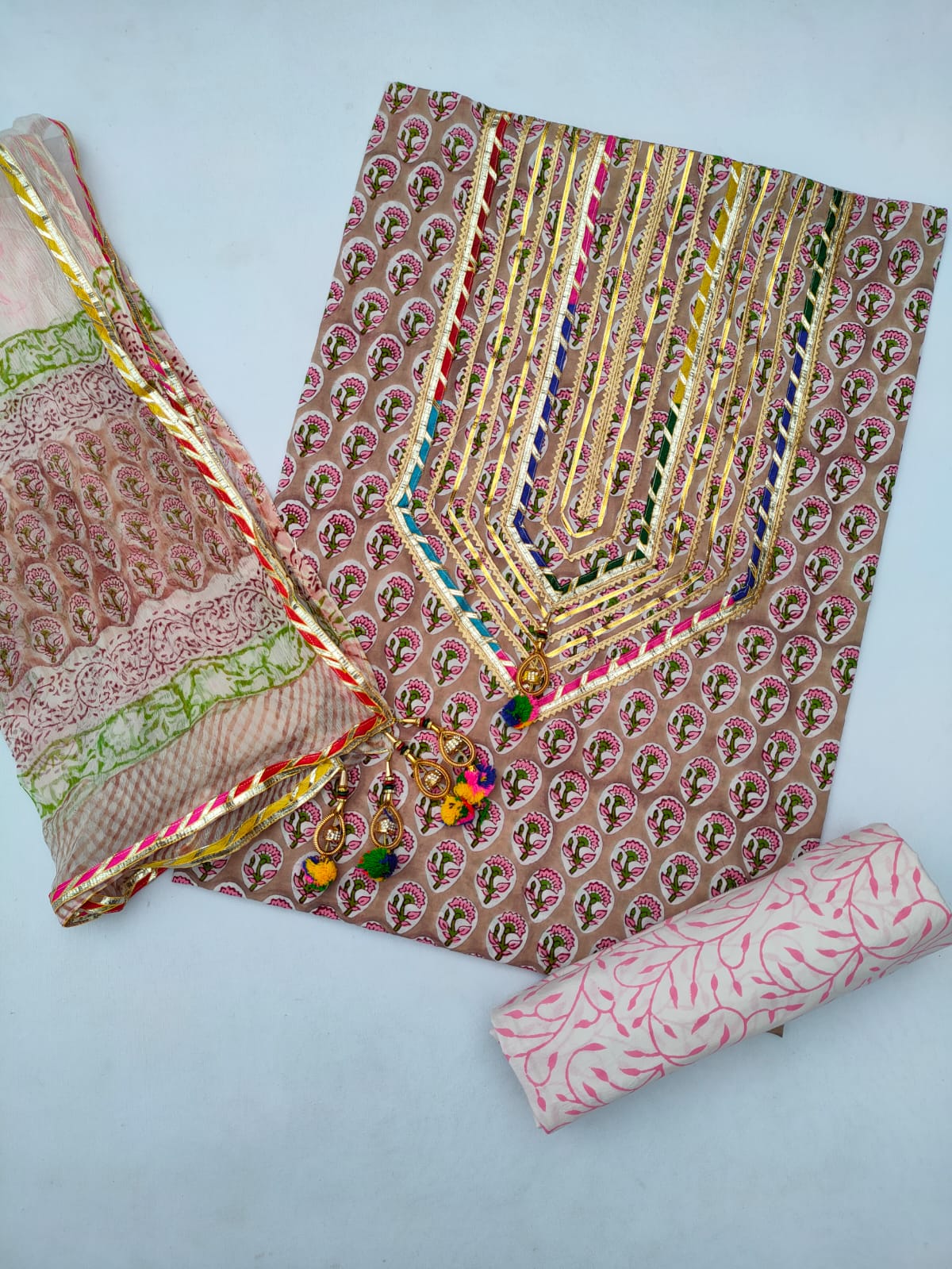 Jaipuri Cotton Hand Block Printed Gota Patti Suit with Chiffon Dupatta- JBGP110