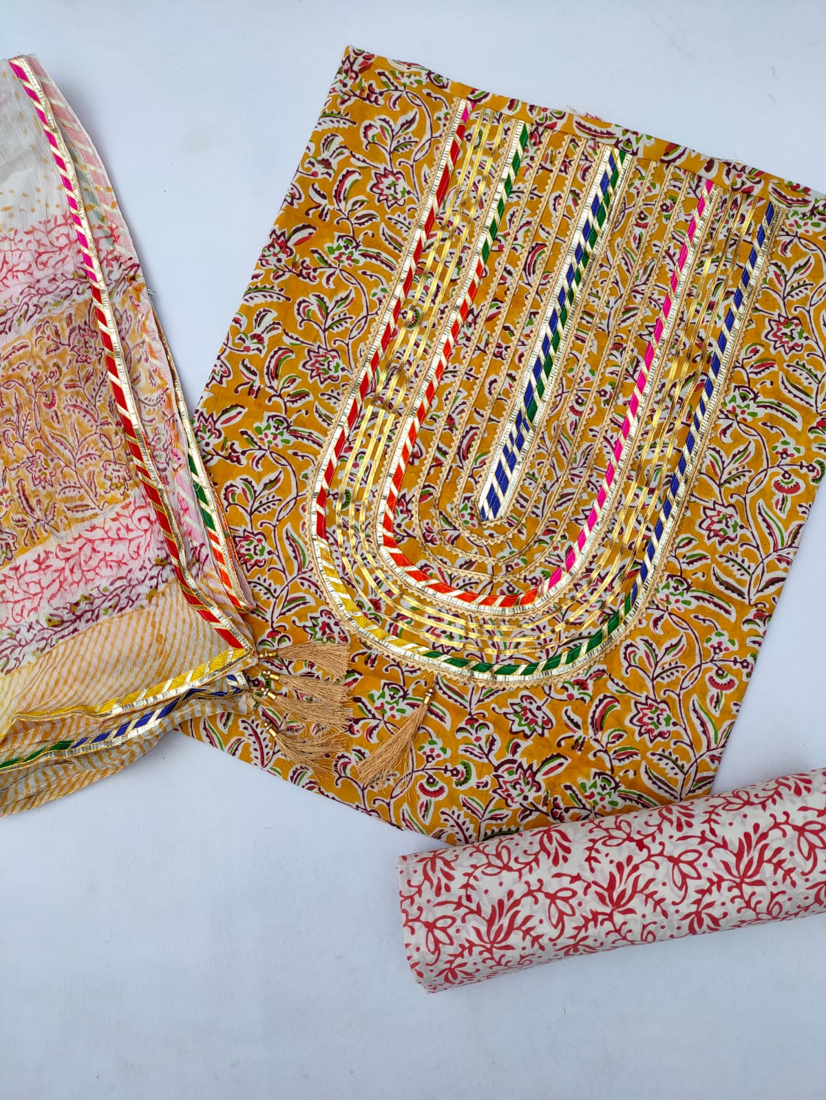 Cotton Gota Patti Hand Block Printed Salwar Suit Set With Chiffon Dupatta- JBGP129