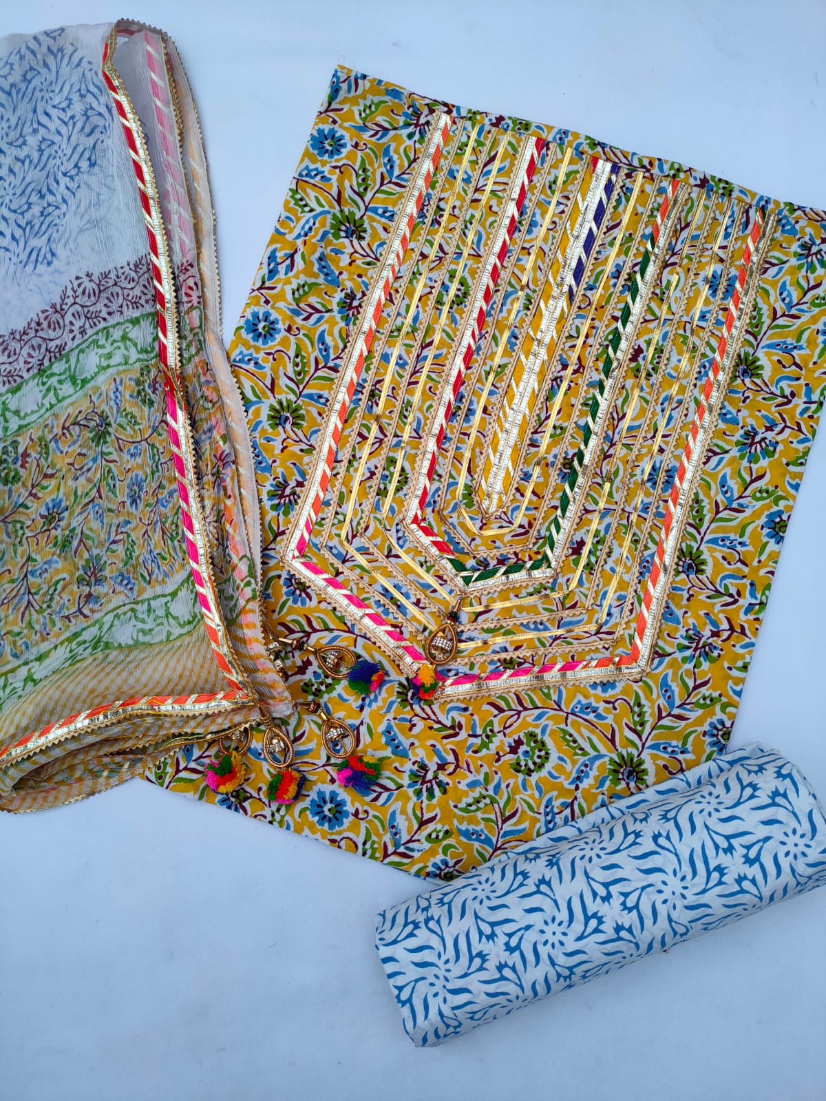 Jaipuri Cotton Hand Block Printed Gota Patti Suit with Chiffon Dupatta- JBGP131