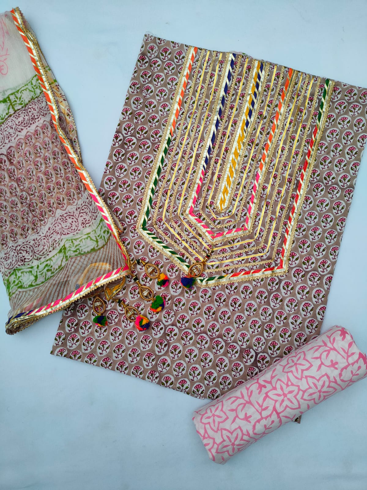 Cotton Gota Patti Hand Block Printed Salwar Suit Set With Chiffon Dupatta- JBGP137