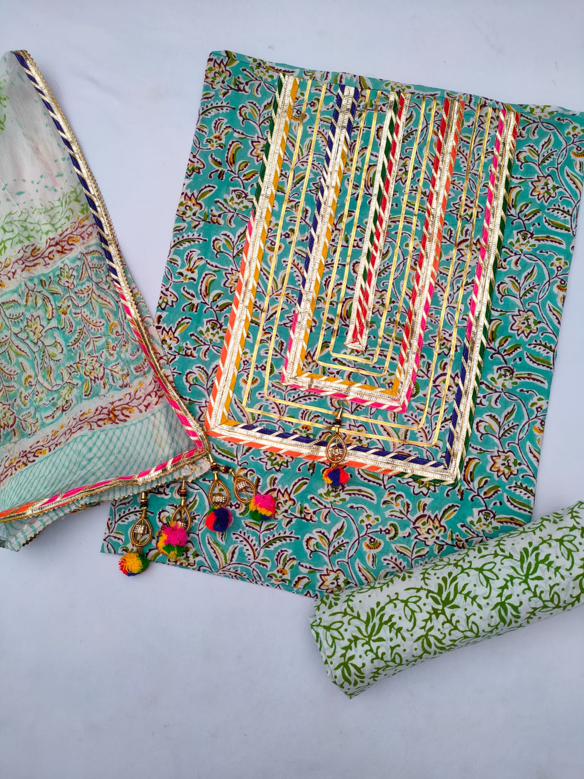 Jaipuri Cotton Hand Block Printed Gota Patti Suit with Chiffon Dupatta- JBGP112