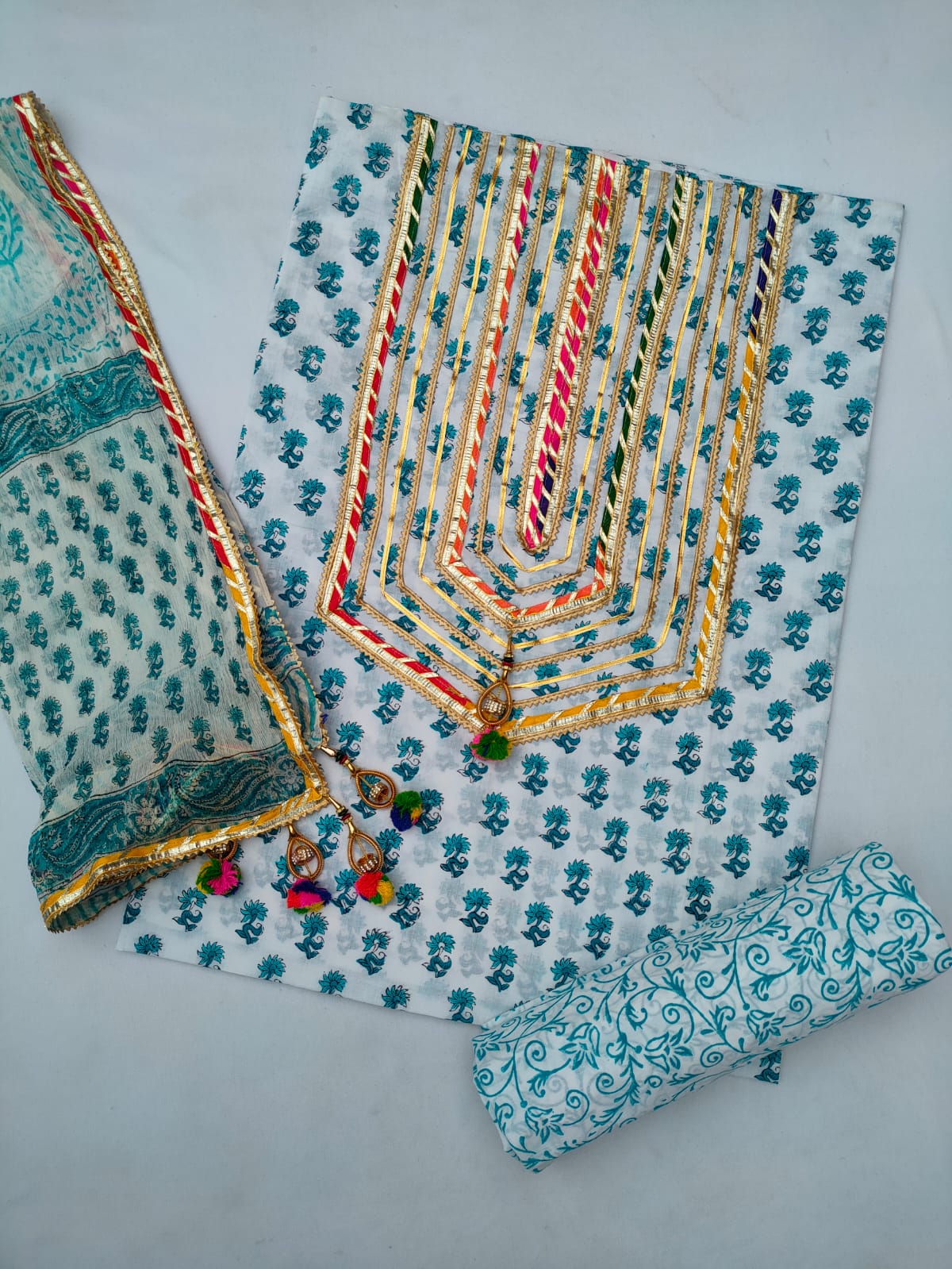 Cotton Hand Block Printed Gota Patti Suit with Chiffon Dupatta- JBGP116