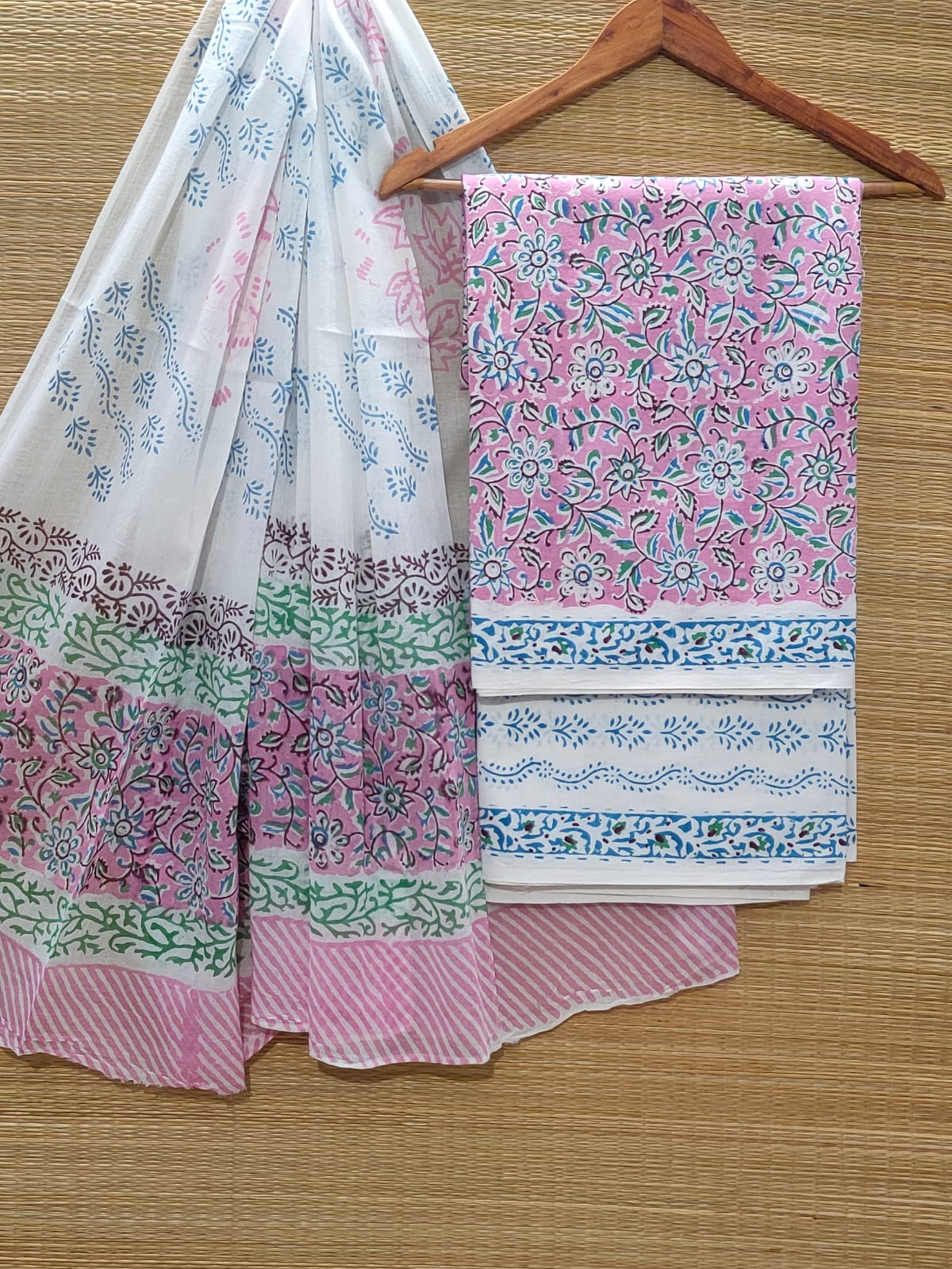 Pure Cotton Hand Block Unstitched Salwar Suit Set With Cotton/Mulmul Dupatta - JBOCM83