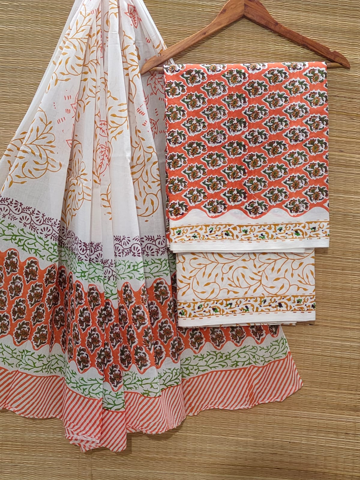 Pure Cotton Hand Block Unstitched Salwar Suit Set With Cotton/Mulmul Dupatta - JBOCM87