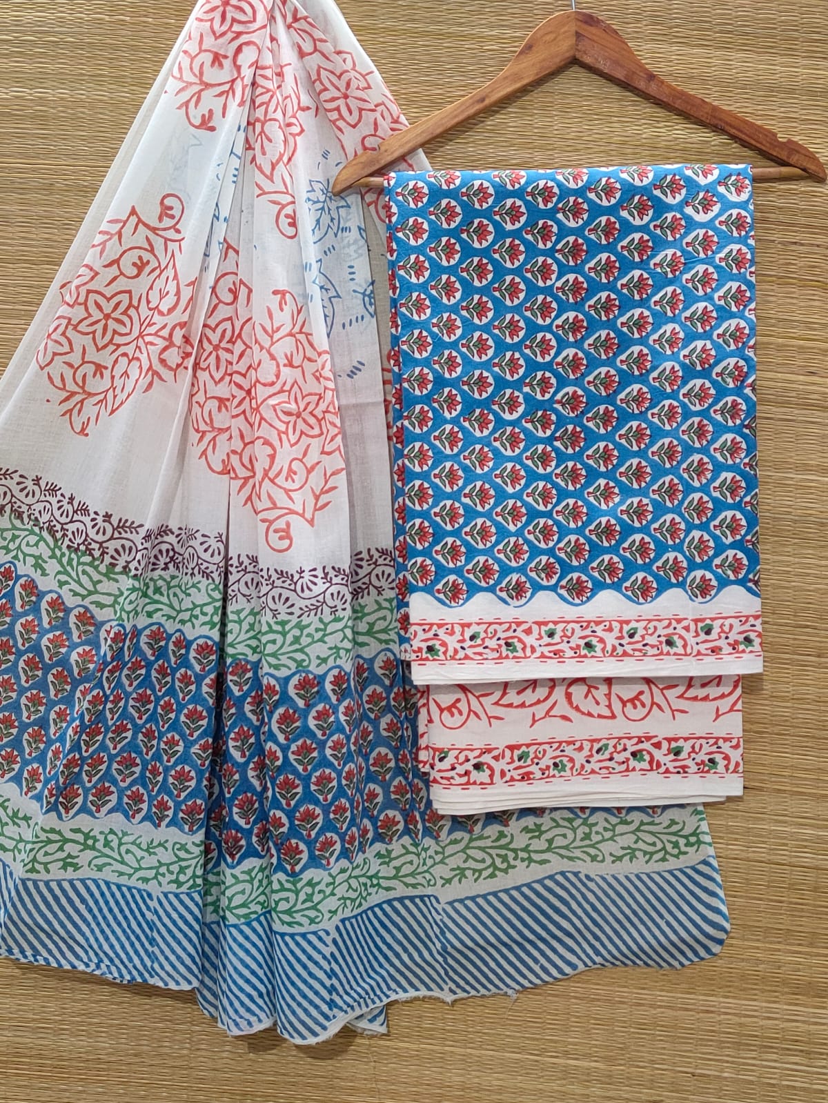 Pure Cotton Hand Block Unstitched Salwar Suit Set With Cotton/Mulmul Dupatta - JBOCM98