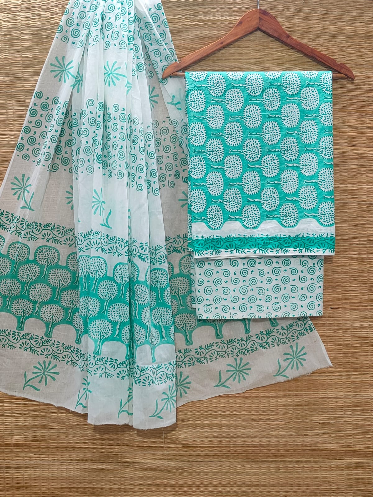 Pure Cotton Hand Block Unstitched Salwar Suit Set With Cotton/Mulmul Dupatta - JBOCM104