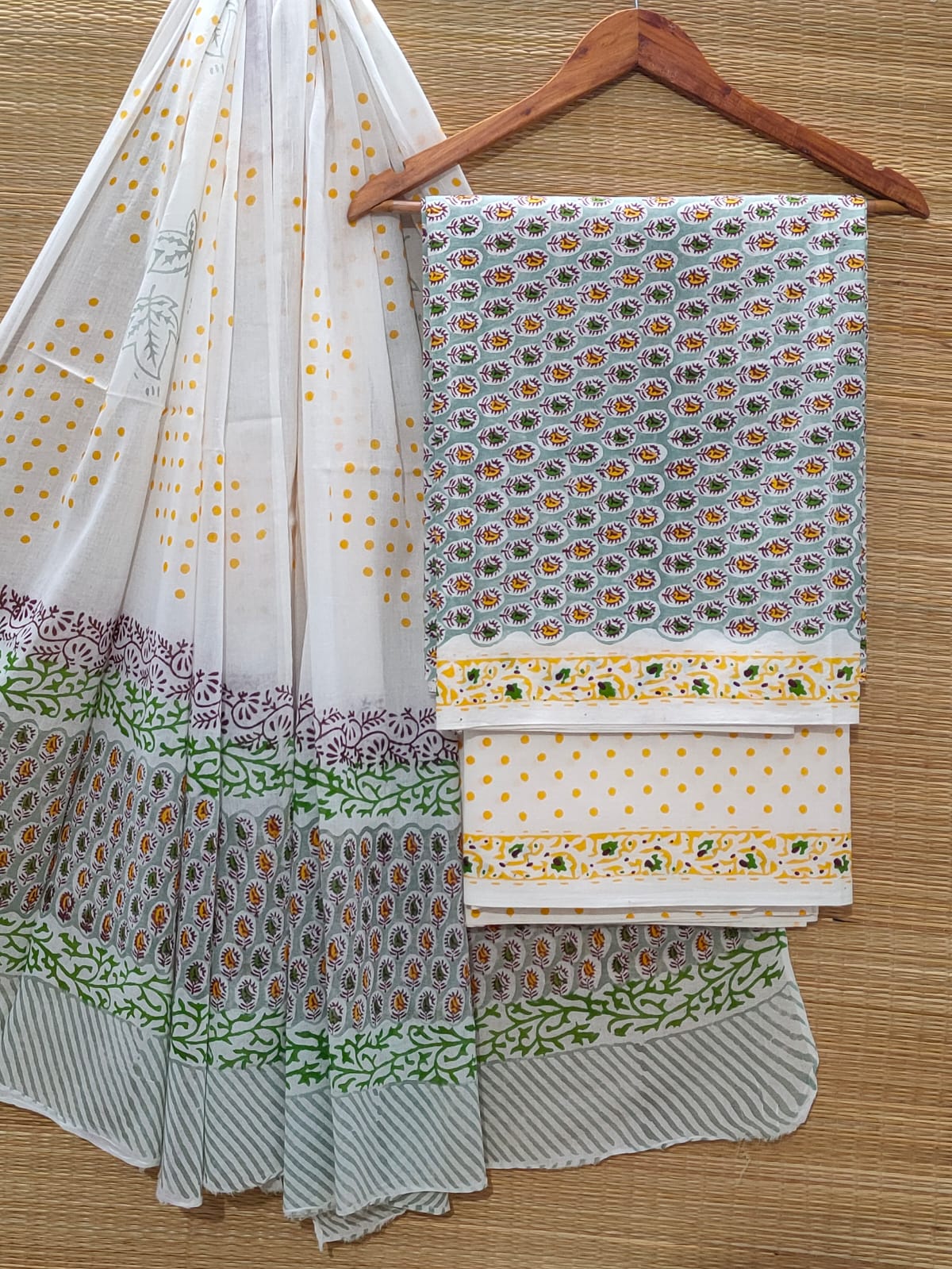 Pure Cotton Hand Block Unstitched Salwar Suit Set With Cotton/Mulmul Dupatta - JBOCM77