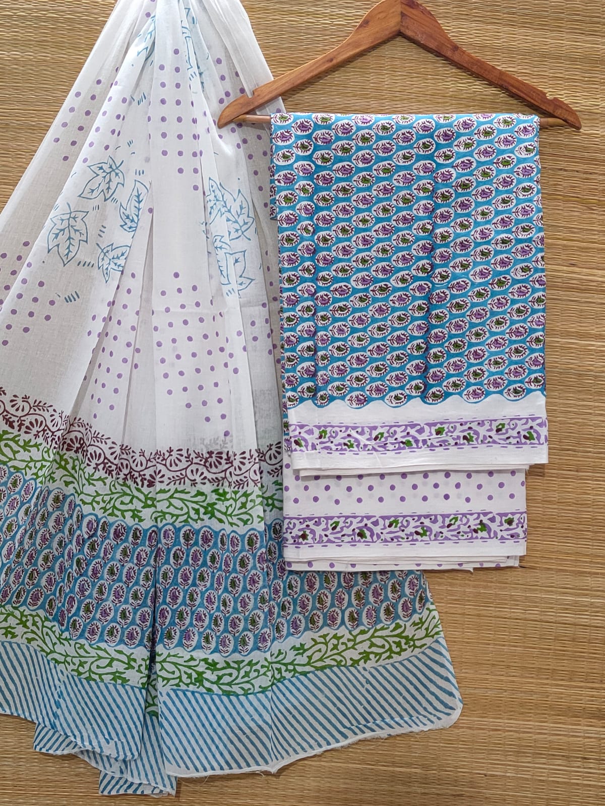 Pure Cotton Hand Block Unstitched Salwar Suit Set With Cotton/Mulmul Dupatta - JBOCM78