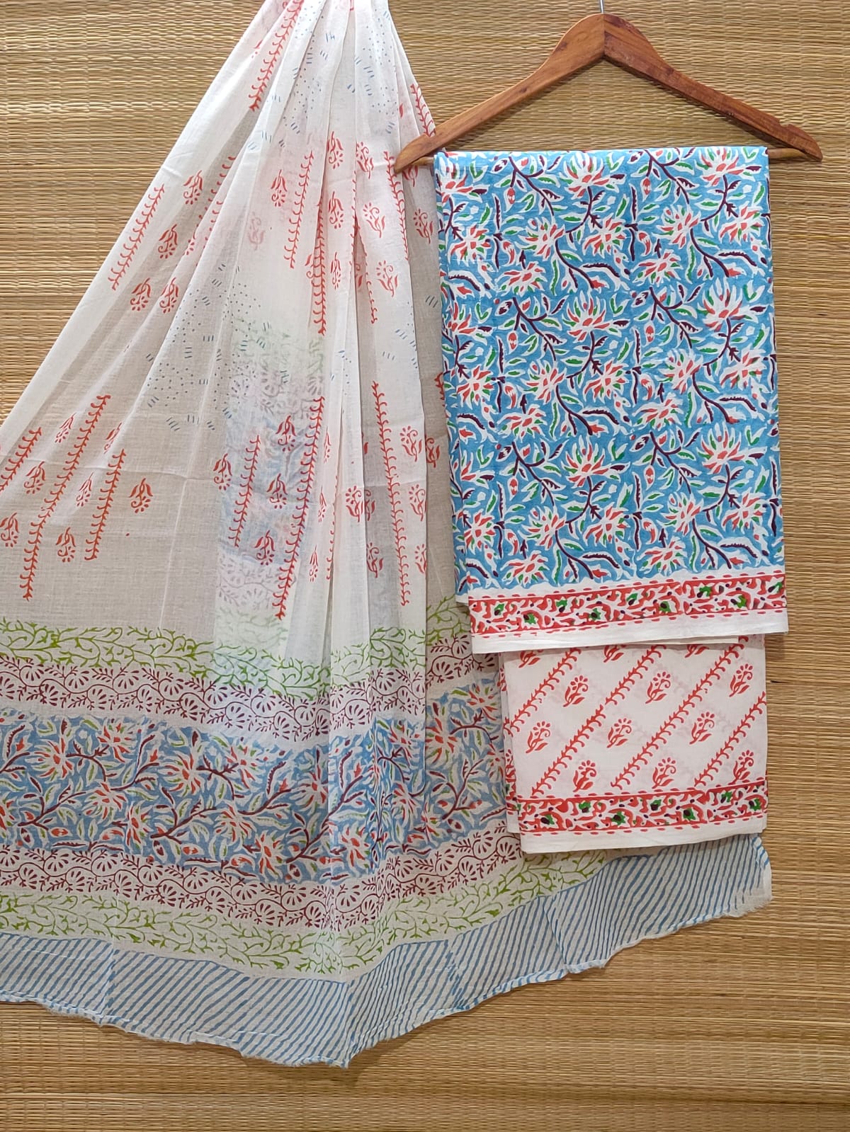 Pure Cotton Hand Block Unstitched Salwar Suit Set With Cotton/Mulmul Dupatta - JBOCM38