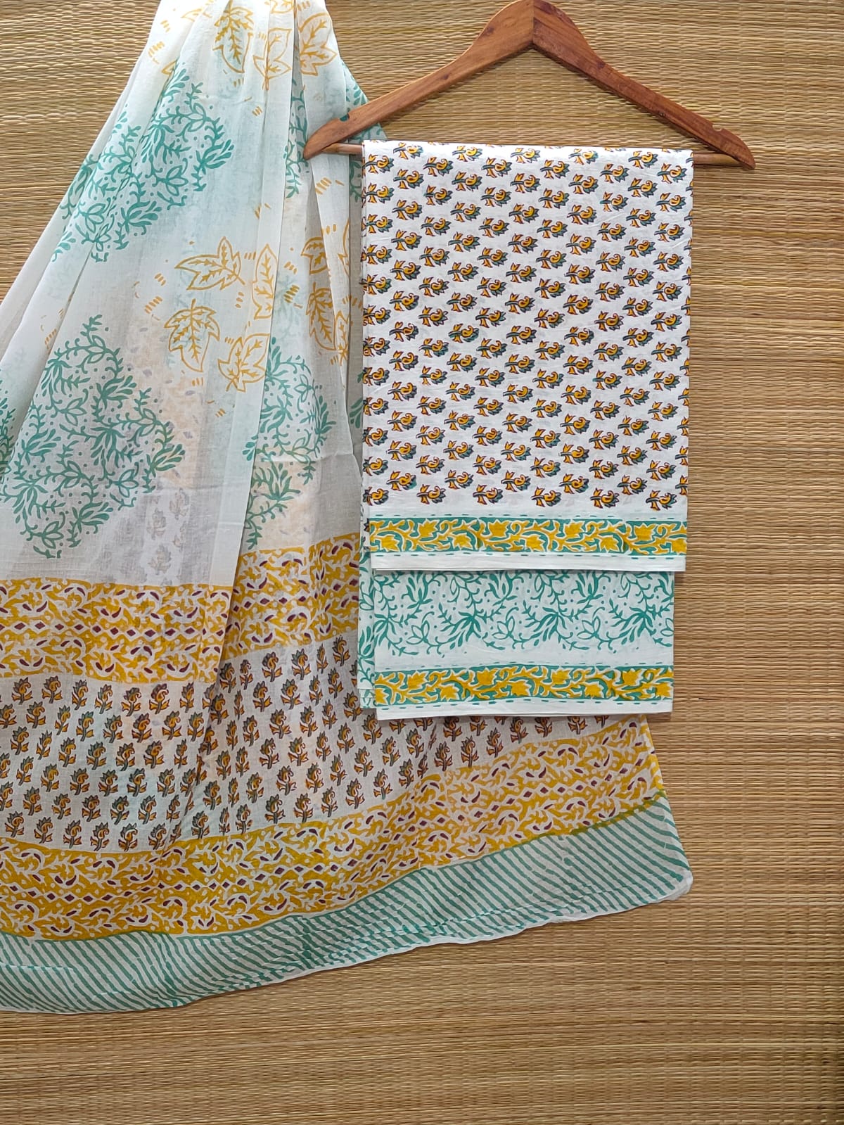 Pure Cotton Hand Block Unstitched Salwar Suit Set With Cotton/Mulmul Dupatta - JBOCM49