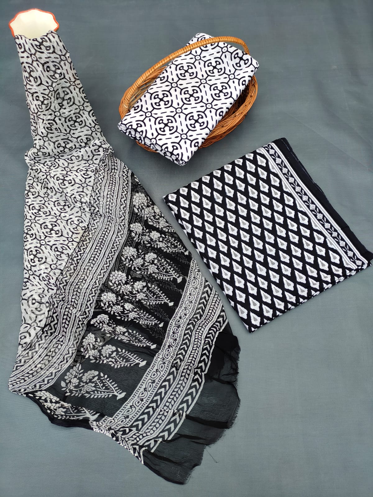 Jaipuri Hand Block Printed CottonUnstitched Salwar Suit with Chiffon Dupatta - JB702