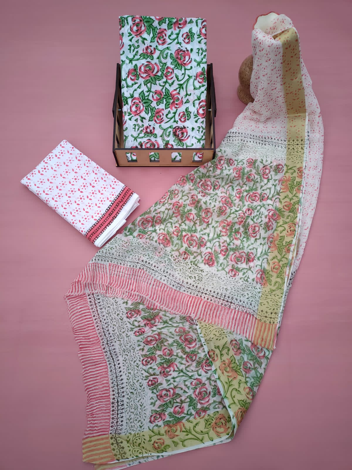 Jaipuri Hand Block Printed CottonUnstitched Salwar Suit with Chiffon Dupatta - JB614
