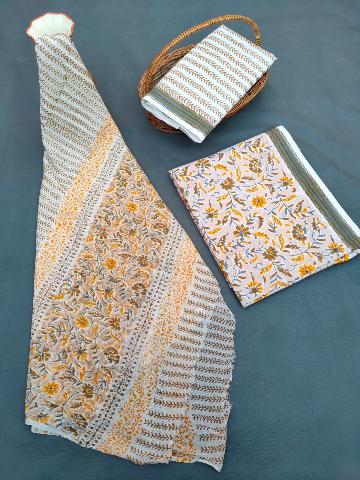 Jaipuri Unstitched Dress Material Hand Block Printed Cotton Suit With Chiffon Dupatta - JB648