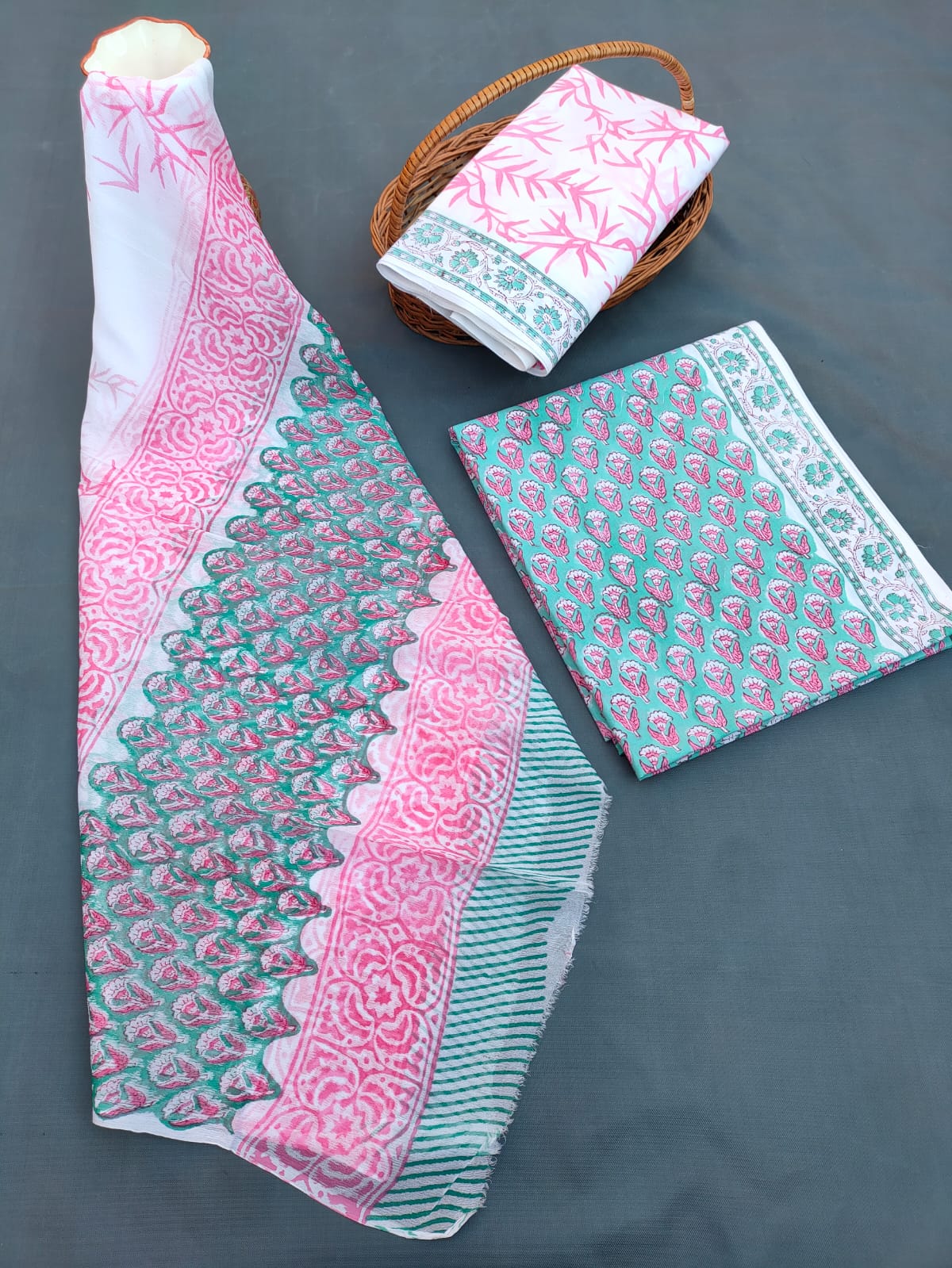 Jaipuri Unstitched Dress Material Hand Block Printed Cotton Suit With Chiffon Dupatta - JB669